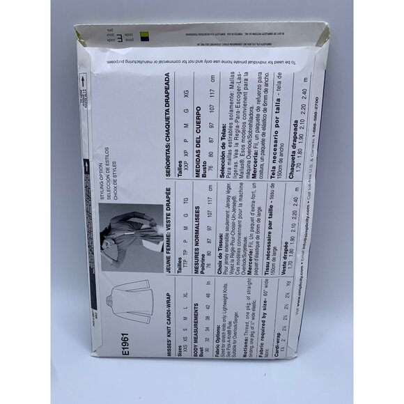 Simplicity Misses Jacket Sewing Pattern sz XXS - XL E1961 - uncut - Picture 2 of 2